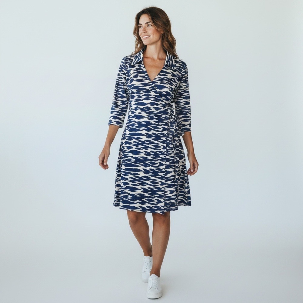 Laundry by Design Blue White Abstract Tiger Print Wrap Dress Collared Large